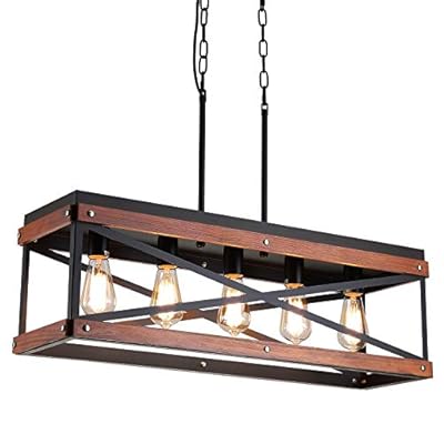 Rustic Farmhouse Kitchen Island Lighting, Wood and Metal Linear Chandelier, 5 Lights Industrial Pendant Light Fixture for Kitchen Island Dining Room Living Room Table, Black