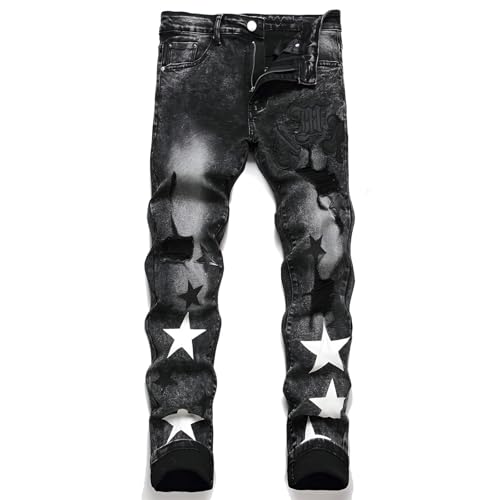 Kdtoll Herren Jeans, Y2K Slim Fit Stretch Hose mit Pentagramm-Design, Zerrissene Destroyed Jeanshose im Hip Hop Cowboy Style, Regular Straight Fit, Modisch und Vielseitig für Streetwear