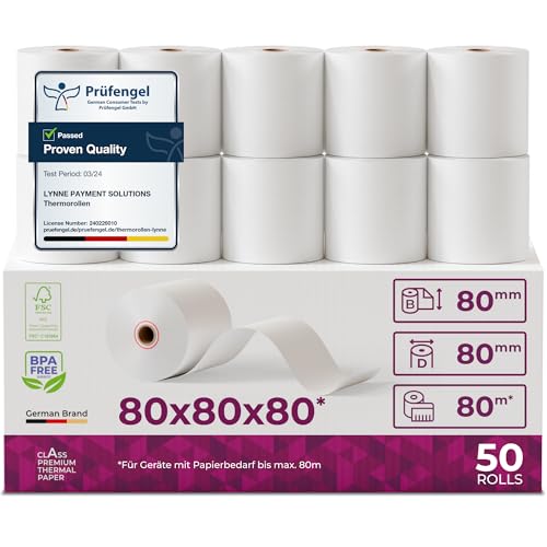 Thermorollen/Bonrollen/Kassenrollen 80mm x 80m x 12mm (80x80x12) für alle gängigen Thermopapier Kassen-Bondrucker BPA Frei (B: 80mm - Ø80mm x 80m - 50 Stück)