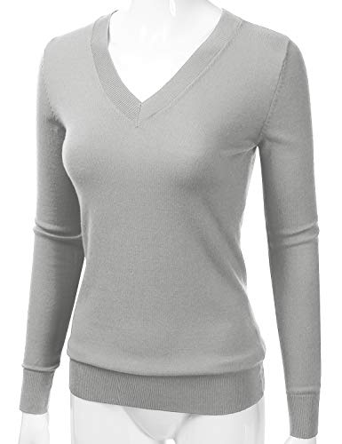 Image of EIMIN Women's Long Sleeve V-Neck Slim Fit Pullover Soft Knit Top Sweater LIGHTGREY M