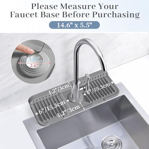 Image of PoYang 14.6 inch Faucet Mat for Kitchen Sink Splash Guard, 7 Slope Silicone Sink Water Splash Guard for Kitchen Sink Area with Snap Button, Small Sink Protectors for kitchen Sink Sponge Holder, Grey