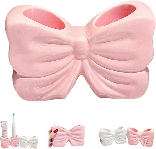 Soporte para cepillo de dientes en forma de lazo, soporte de cerámica para cepillos de dientes con 2 ranuras, perfecto para encimera de baño, tocador, ducha, decoración de baño con lazo