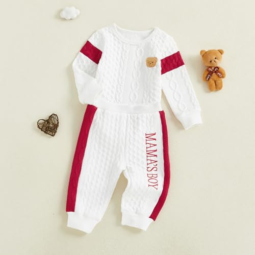 Image of Babieshouse Newborn Baby Boy Clothes Mamas Boy Bear Embroidery Long Sleeve Romper Pants Set Fall Winter Outfits 3-18 Months