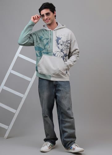 Image of Free Authority Official Naruto & Sasuke Anime Printed Off White & Green Oversized Hoodie for Men