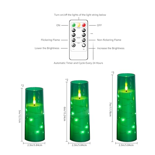 Image of Flameless Candles,with Embedded Star String, Battery Operated Candles Flickering LED Pillar Candles with Remote Control and Timer, Home Decoration Add a Warm and Romantic Atmosphere,Set of 7 (Green)