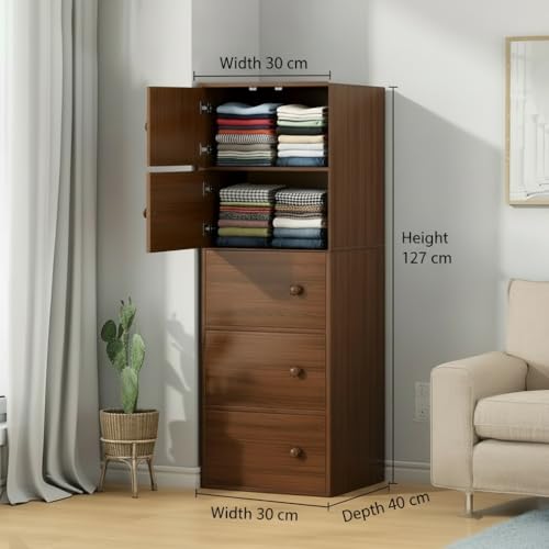 Image of EXVITO Engineered Wood Wardrobe for Bedroom | Foldable 5-Shelf Wooden Storage Cabinet | Cupboard Almirah for Clothes | Collapsible Wardrobe | Space Saving Wooden Cabinet - Walnut