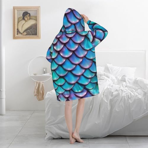 Couverture à capuche avec imprimé écailles bleues, idée cadeau cocooning originale - 5