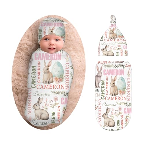 Personalized Baby Swaddle Blanket & Hat Set for Boys Girls, Customized Newborn Gifts, Custom Buuny Receiving Blanket with Name, Ultra Soft Nursery Swaddle Wrap, Swaddling Sleeping Sacks
