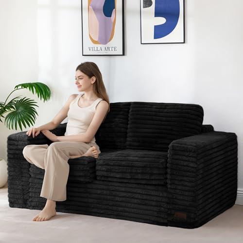 Image of MAXYOYO Loveseat Sofa Couch, Upholstered Bean Bag Chair Cloud Seat for Adults, Boneless Couch with Cushion & Pillows, Sofa in A Box, No Assembly Required, Faux Fur Black