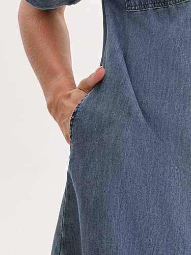 Image of Women's Midi Denim Dress Summer Short Sleeve Button Down Casual Loose Long Tunic Jean Shirt Dress