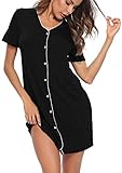 SWOMOG Women's Button Down Nightgown Short Sleeve Nightshirt V-Neck Sleepwear Boyfriend Sleepshirt Pajama Dress, Black, Small