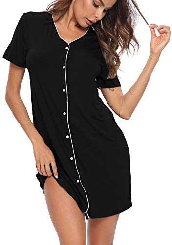 SWOMOG Women s Button Down Nightgown Short Sleeve Nightshirt V-Neck Sleepwear Boyfriend Sleepshirt Pajama Dress Black