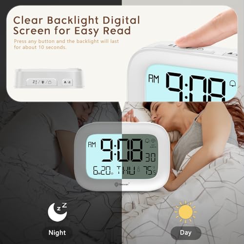 Image of Geevon Small Digital Atomic Alarm Clock for Bedroom, Portable Battery Operated Travel Desk Clock for Heavy Sleepers, with 10s Backlight, Temperature, 3 Inch Display, White