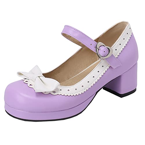 MISSUIT Damen Mary Jane Pumps mit Blockabsatz und Schleife 5cm Absatz Geschlossen Rockabilly Schuhe(Lila,38)