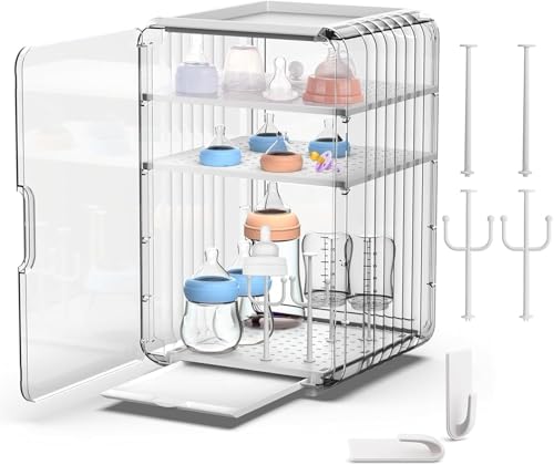 Fohome Baby Bottle Drying Rack 3 Tier Nursing Bottle Storage Box Organizer with Cover Portable Kitchen Cabinet Organizer Large Nursery Bottles Holder for Placing Nursing Baby Bottle Drinking Glass