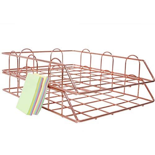 Qualsen Bandeja de archivos apilables, bandeja de organizador de 2 niveles, estante de clasificaci�n de archivos de escritorio de alambre para correo, revista, documento y carpeta, oro rosa