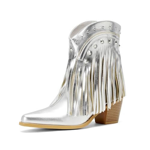 Image of Women's Western Ankle Booties Pointed Toe Cowgirl Boots with Fringe Tassels or Sparkly Rhinestone Fashion Short Boots for Casual Daily Wear