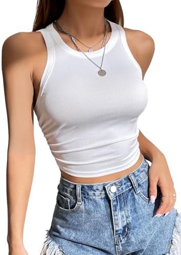LOLONG Women's Stretch Ribbed Tank Top - Sleeveless Racerback Summer Shirt, White, Small