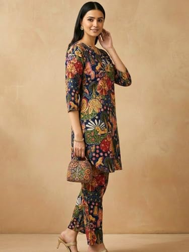 Image of Bee M Pee Designer Trendy Floral Printed Poly Rayon Cotton Kurta Coord Sets for Women | Stylish Casual Kurti Tunic Cord Set with Pant for Woman for Office