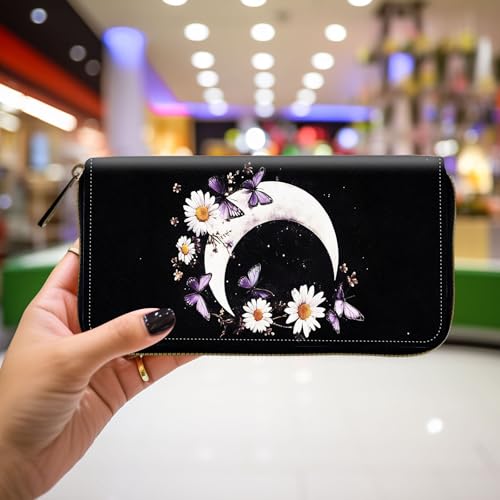 Wallet,Leather Long Wallet Suitable For Ladies And Teenagers - Detachable Wristband + RFID Travel Wallet With Card Slot - Moon Butterflies Daisies4