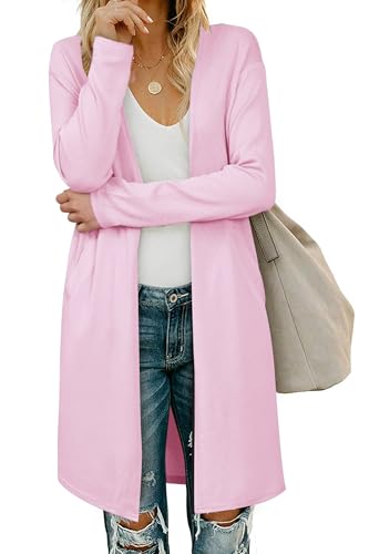 OUGES Strickjacken füR Damen Lang Cardigan Elegante Leicht Strickjacke Herbst Strickjackenpullover mit Taschen Rosa XXL