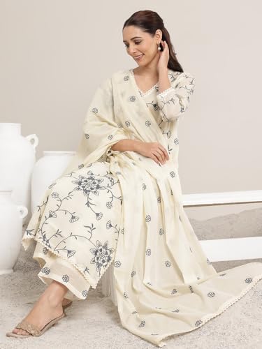 Image of Libas Embroidered Cotton Straight Kurta With Trouser and Dupatta