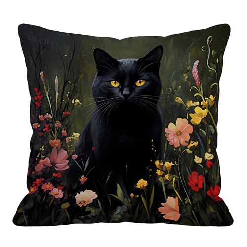 Image of LASLEN Decorative Black Cat Flower Cushion Covers Cute Style Throw Pillow Covers Square Pillow Case for Sofa Bedroom Outdoor Balcony, 45 x 45 cm