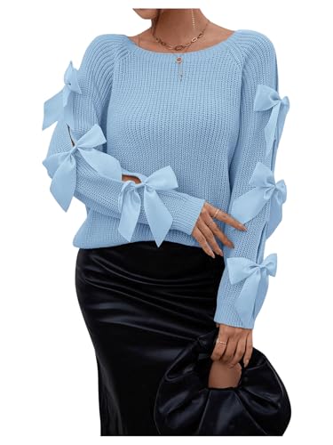 Image of Floerns Women's Cute Fall Clothes Bow Knot Cut Out Long Sleeve Ribbed Knit Pullover Sweaters Tops