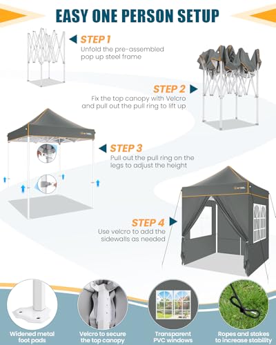 Image of HOTEEL 6.6x6.6 Heavy Duty Pop Up Canopy Tent for Parties Event Wedding Commercial Instant Canopy with Carry Bag, Party Tent Waterproof UV 50+&Windproof, Upgraded Thick Hexagonal Legs, Gray