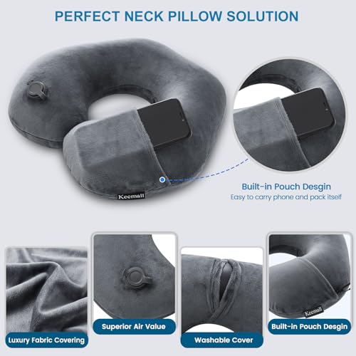 Image of Keemall Inflatable Travel Pillow - Ultra-Soft Velvet Neck Support Air Pillow for Airplane, Bus & Train Rides, Ergonomic U-Shape for Optimal Neck Comfort, Compact & Washable