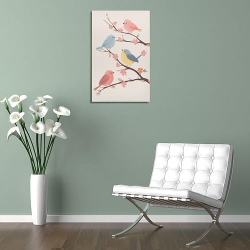 Décoration murale moderne oiseaux sur branche de fleurs toile - 5