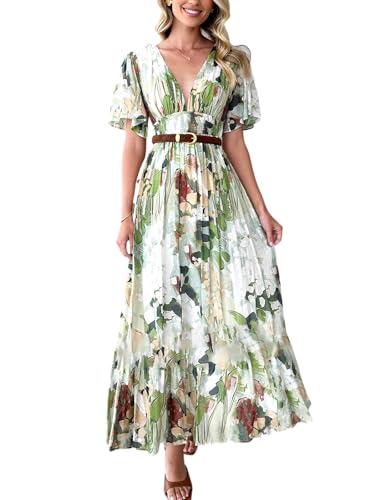 Image of Flessibili Womens Short Sleeve Floral Maxi Dresses 2026 Spring Wedding Guest Party Summer Dress Green Abstract X-Large