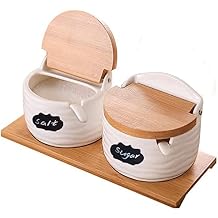 Ceramic Salt Cellars with Lids and Spoons, Salt Pepper Containers for Countertop, Porcelain Sugar Container with Labels for Kitchen, Sugar Holder for Serving, Tea, Coffee, Spice, Salt