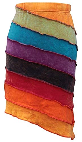 Shopoholic Fashion Women Summer Asymmetrical Cotton Elastic Waist Patchwork Rainbow Hippie Skirt