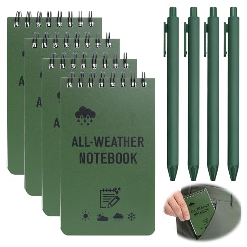 Zynqo 4 Pack Mini Waterproof Notebook 3x5in Pocket Notepads with 4Kraft Paper Pens All-Weather Memo Pads Military Mini Notebook 50 Page with Top-Spiral for Office Outdoors School (Green)