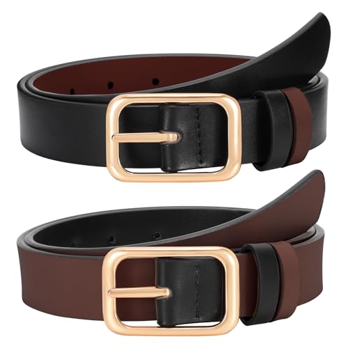 SUOSDEY Women Reversible Leather Belts for Jeans Pants Dresses Ladies Belts with Fashion Gold Buckle, Black/Brown