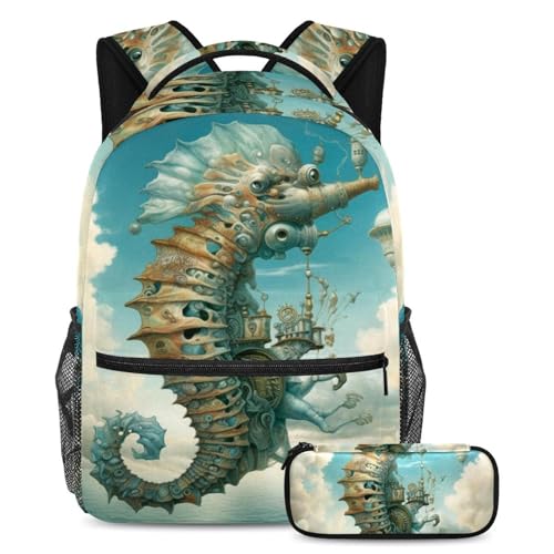 Cartables grande capacité 2 pièces avec trousse bleu horizon vintage pour ados