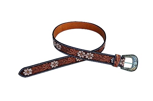 Western Belt Genuine Leather Cowgirl Belt Floral Tooled Leather Belt With Removeable Buckle 30AB1024