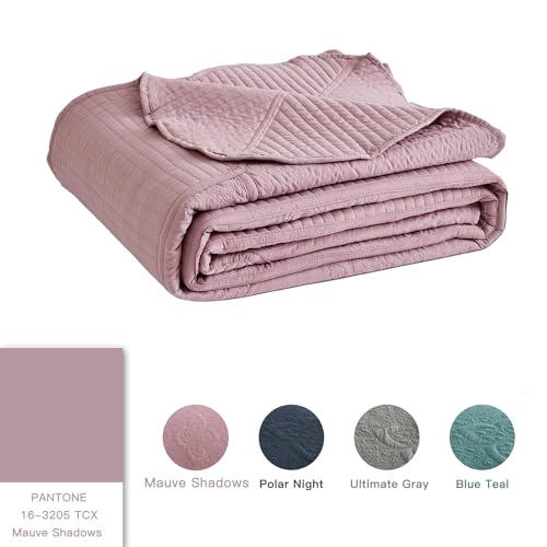 Image of HZ & HY Oversized King Bedspreads, Stitched Damask, Mauve Shadows | Generous Coverage, 5-Piece Quilt Set, Lightweight Reversible Coverlet, Scalloped Edge, King /Cal King