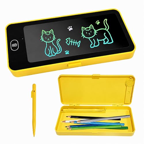 Colorcase 2in1 Pencil Box Compass Box Cum Writing Pad Toy for Kids with Stylus - Digital Writing Slate Pen Case with Erase Button (Yellow)-image-1