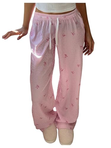 SHENHE Girl's Striped Bow Wide Leg Pants Drawstring Cute Casual Loose Trousers