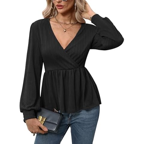 For G and PL Women's Fall Wrap V Neck Long Sleeve Blouse Elastic Waistband Casual Ribbed Peplum Top Black M Cover