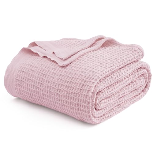 Image of Bedsure 100% Cotton Blanket King Size for Bed - Cooling Breathable and Soft for Summer, Thick Cozy Waffle Weave Blanket Gifts for Women, Pink, 104x90 inches