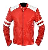 III-Fashions Men's Fight Hybrid Mayhem Brad Retro Biker White Stripes Synthetic Leather Motorcycle Coat, Red - Mayhem Jacket, Medium