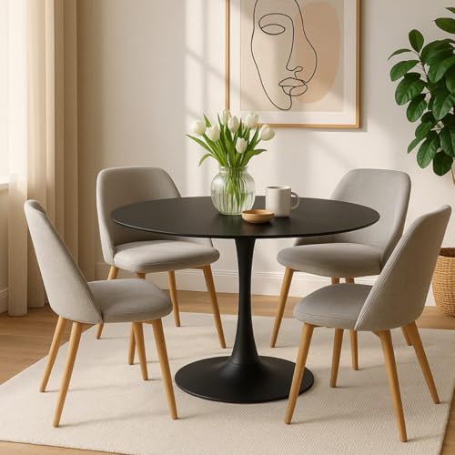 SENHO Table à Manger Ronde pour 4 à 5 Personnes diamètre 100 cm, Finition laquée Mate Noire, Base Ronde en métal Noir - Tulips