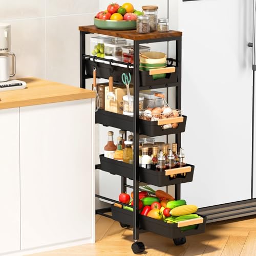 SUNALLY Slim Storage Cart with Pull-Out Baskets 5-Tier Rolling Kitchen Cart with Wooden Top & Lockable Wheels Narrow Space Utility Cart Organizer for Kitchen Bathroom Laundry Room Black