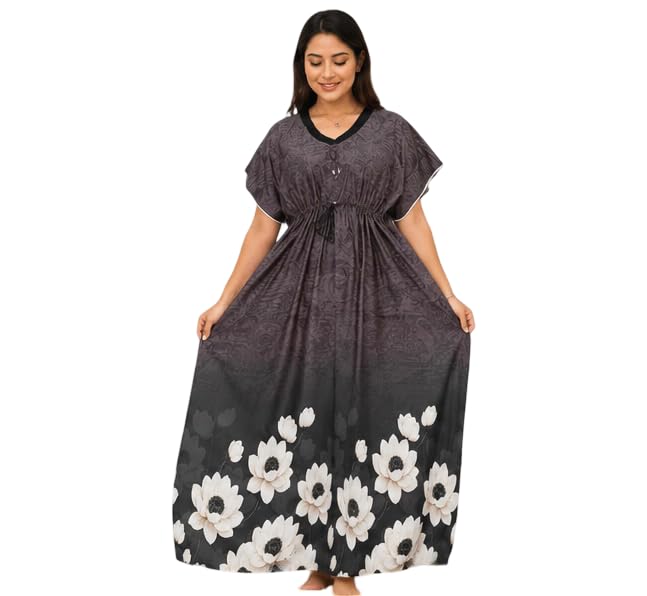 yazia Women's Floral Print Cotton Blend Kaftan Maxi Nighty | Loose Fit Long Night Dress for Women | Comfortable Full Length Kaftan Nightwear | Half Sleeve Printed Maxi Gown-picture-21
