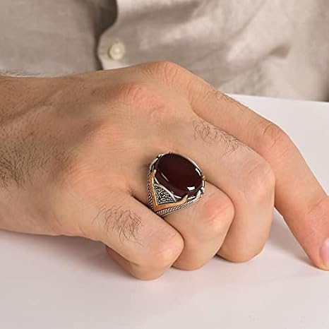 Agate Aqeeq Men's Ring, 925 Sterling Silver, Yemeni Aqeeq Stone, Turkish Ring, Size 8.5, Classic Style