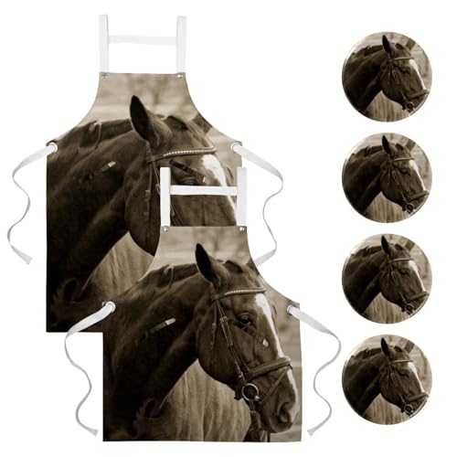 Lot de 2 tabliers de cuisine avec 4 broches à motif cheval multicolore