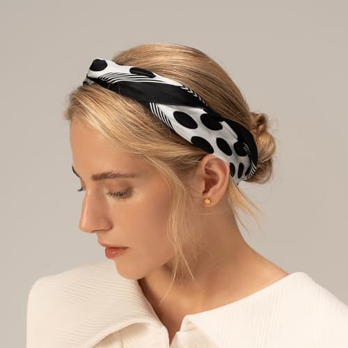 Polka Dot Scarf for Women: Natural Silk Black White Polka Dot Head Cover - Premium Satin Hair Wrap - Square Bandana for Sensitive Scalp Women Workout Gift 21 In